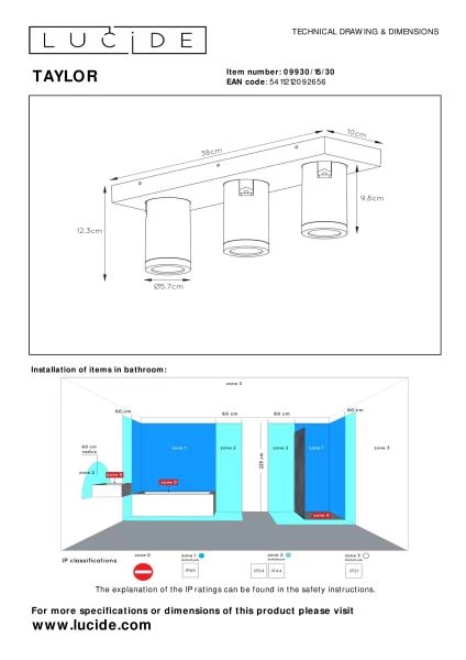 Lucide TAYLOR - Spot plafond Salle de bains - LED Dim to warm - GU10 - 3x5W 2200K/3000K - IP44 - Noir - technique